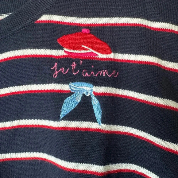 Talbots Women’s Striped Indigo Je‎ t'aime Cardigan Navy Red White Stripe Large - Picture 2 of 7